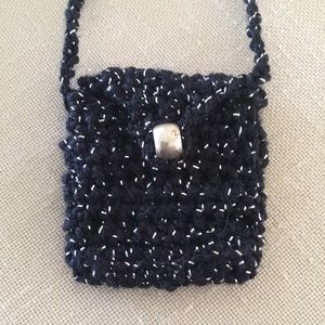 Hand Crafted Crocheted Tiny Purse Black Silver with Vintage Pony Bead